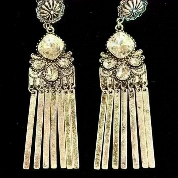 Silver Rhinestone Flower Dangle Earrings - Picture 2 of 2